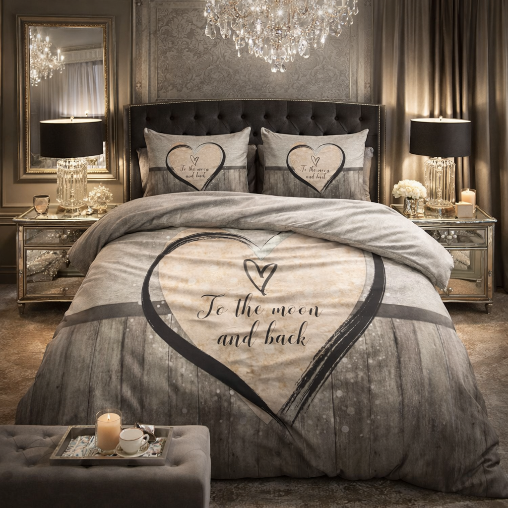 Lenjerie de pat Sleeptime, 1x husa pilota 200x200/220, 2x fete de perna 60x70, Microfibra 100%, Hipoalergenica, model Love To The Moon And Back, culoare Gri/Bej