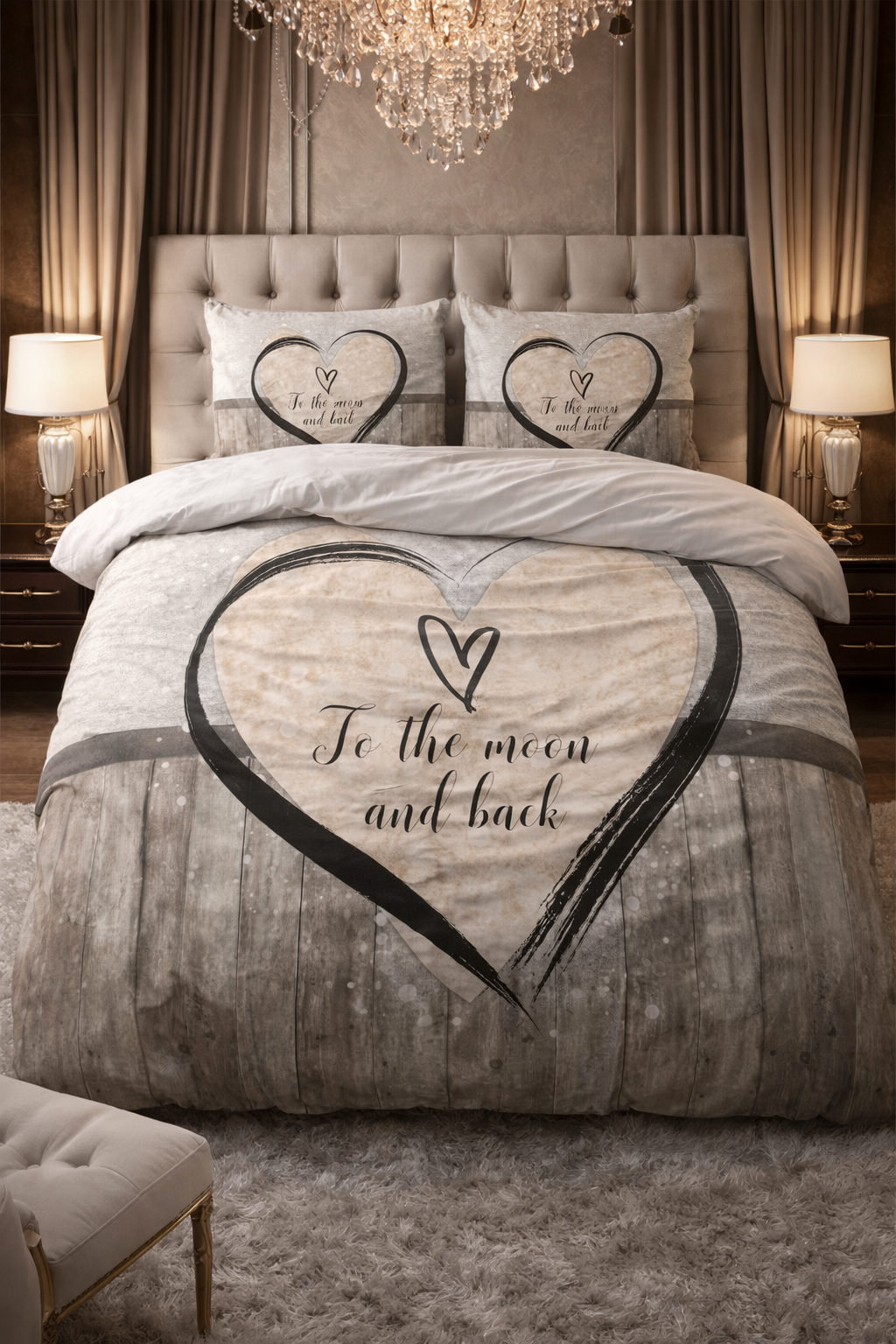 Lenjerie de pat Sleeptime, 1x husa pilota 200x200/220, 2x fete de perna 60x70, Microfibra 100%, Hipoalergenica, model Love To The Moon And Back, culoare Gri/Bej