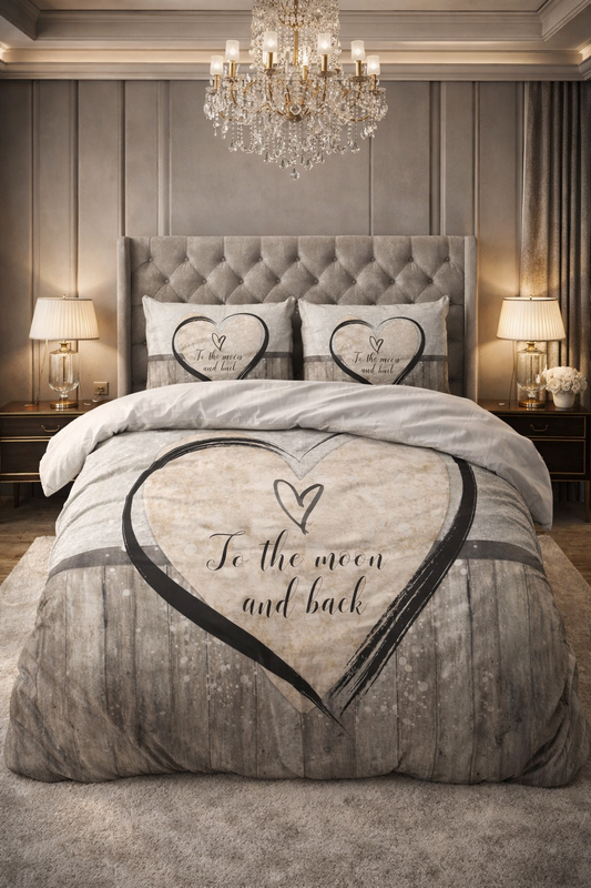 Lenjerie de pat Sleeptime, 1x husa pilota 200x200/220, 2x fete de perna 60x70, Microfibra 100%, Hipoalergenica, model Love To The Moon And Back, culoare Gri/Bej