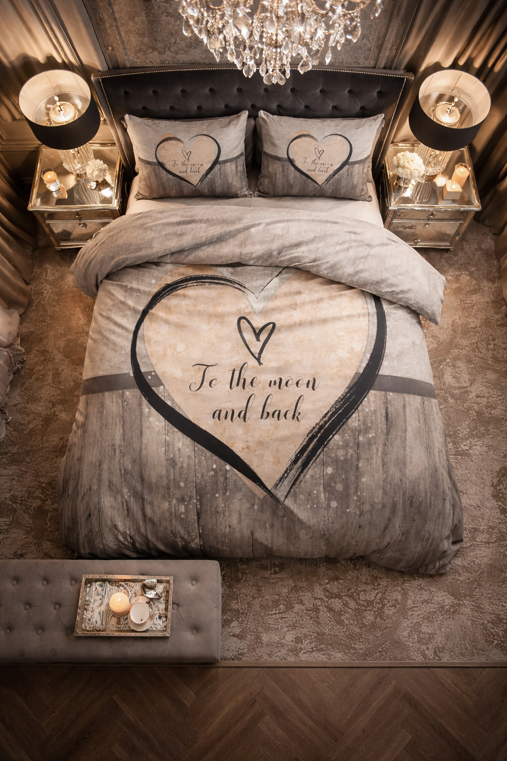 Lenjerie de pat Sleeptime, 1x husa pilota 200x200/220, 2x fete de perna 60x70, Microfibra 100%, Hipoalergenica, model Love To The Moon And Back, culoare Gri/Bej