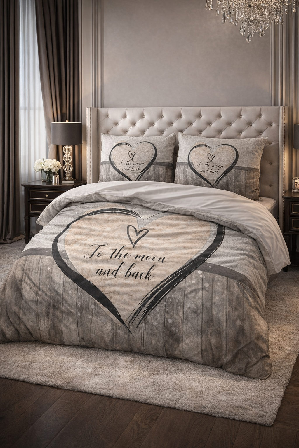 Lenjerie de pat Sleeptime, 1x husa pilota 200x200/220, 2x fete de perna 60x70, Microfibra 100%, Hipoalergenica, model Love To The Moon And Back, culoare Gri/Bej