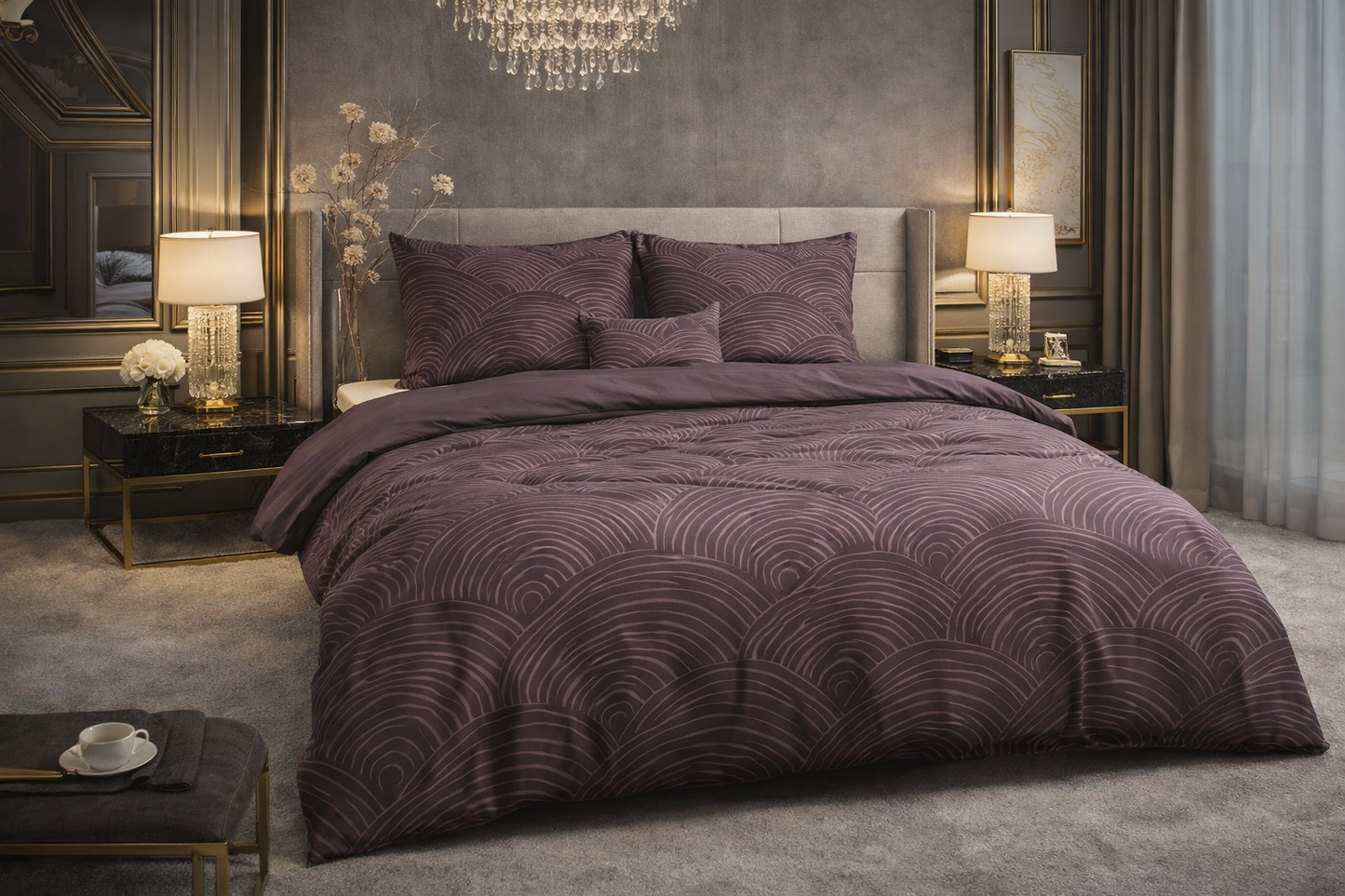 Lenjerie de pat Premium Sleeptime, 1x husa pilota 200x200/220, 2x fete de perna 60x70, Bumbac 100%, Hipoalergenica, 128T, model Pure Dreamscape Purple, imprimeu Print Digital, culoare Mov