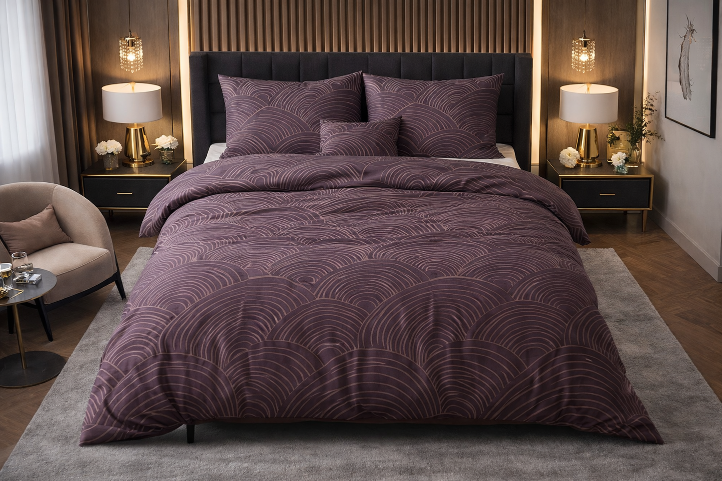 Lenjerie de pat Premium Sleeptime, 1x husa pilota 200x200/220, 2x fete de perna 60x70, Bumbac 100%, Hipoalergenica, 128T, model Pure Dreamscape Purple, imprimeu Print Digital, culoare Mov