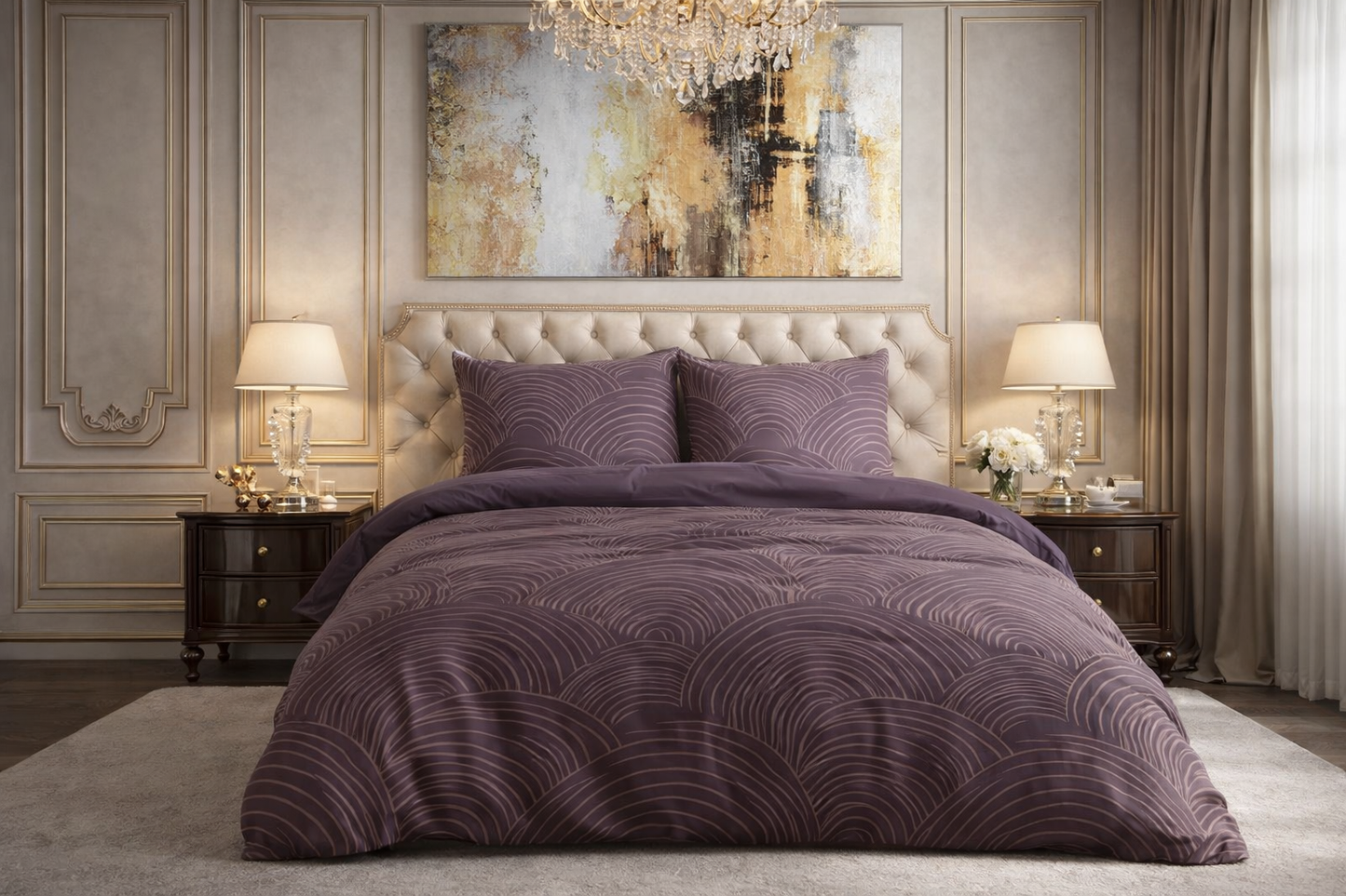 Lenjerie de pat Premium Sleeptime, 1x husa pilota 200x200/220, 2x fete de perna 60x70, Bumbac 100%, Hipoalergenica, 128T, model Pure Dreamscape Purple, imprimeu Print Digital, culoare Mov