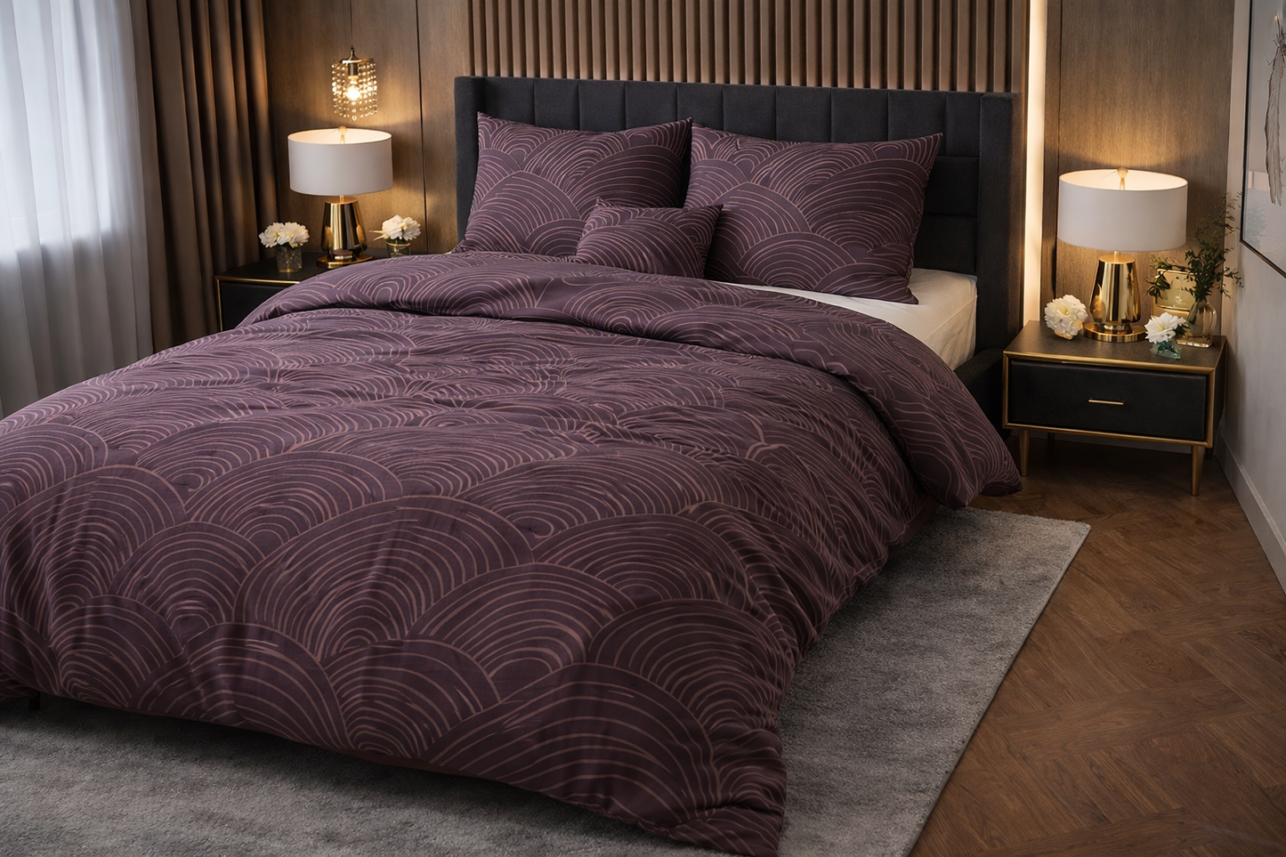 Lenjerie de pat Premium Sleeptime, 1x husa pilota 200x200/220, 2x fete de perna 60x70, Bumbac 100%, Hipoalergenica, 128T, model Pure Dreamscape Purple, imprimeu Print Digital, culoare Mov