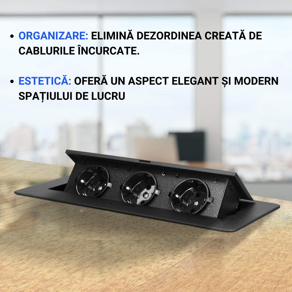 Priza Incorporabila in mobilier, ATOMKIT, 3 Prize Schuko, Conductori de cupru, Material de Aluminiu, Calitate Superioara, Cablu Alimentare 1.8 m, 26.6 cm, 11.8 cm, Negru