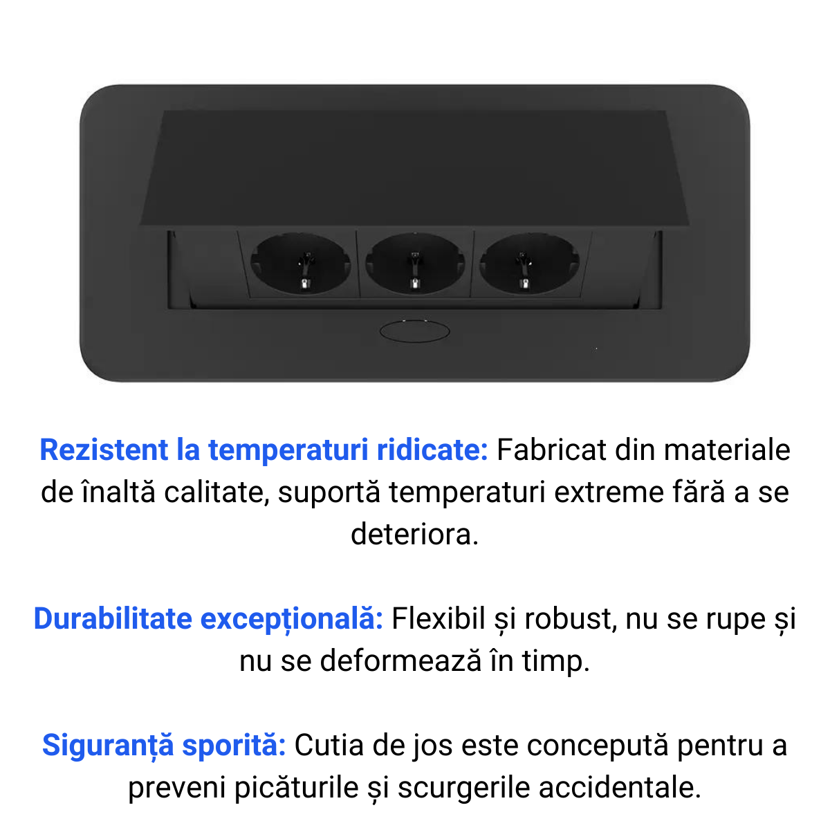 Priza Incorporabila in mobilier, ATOMKIT, 3 Prize Schuko, Conductori de cupru, Material de Aluminiu, Calitate Superioara, Cablu Alimentare 1.8 m, 26.6 cm, 11.8 cm, Negru