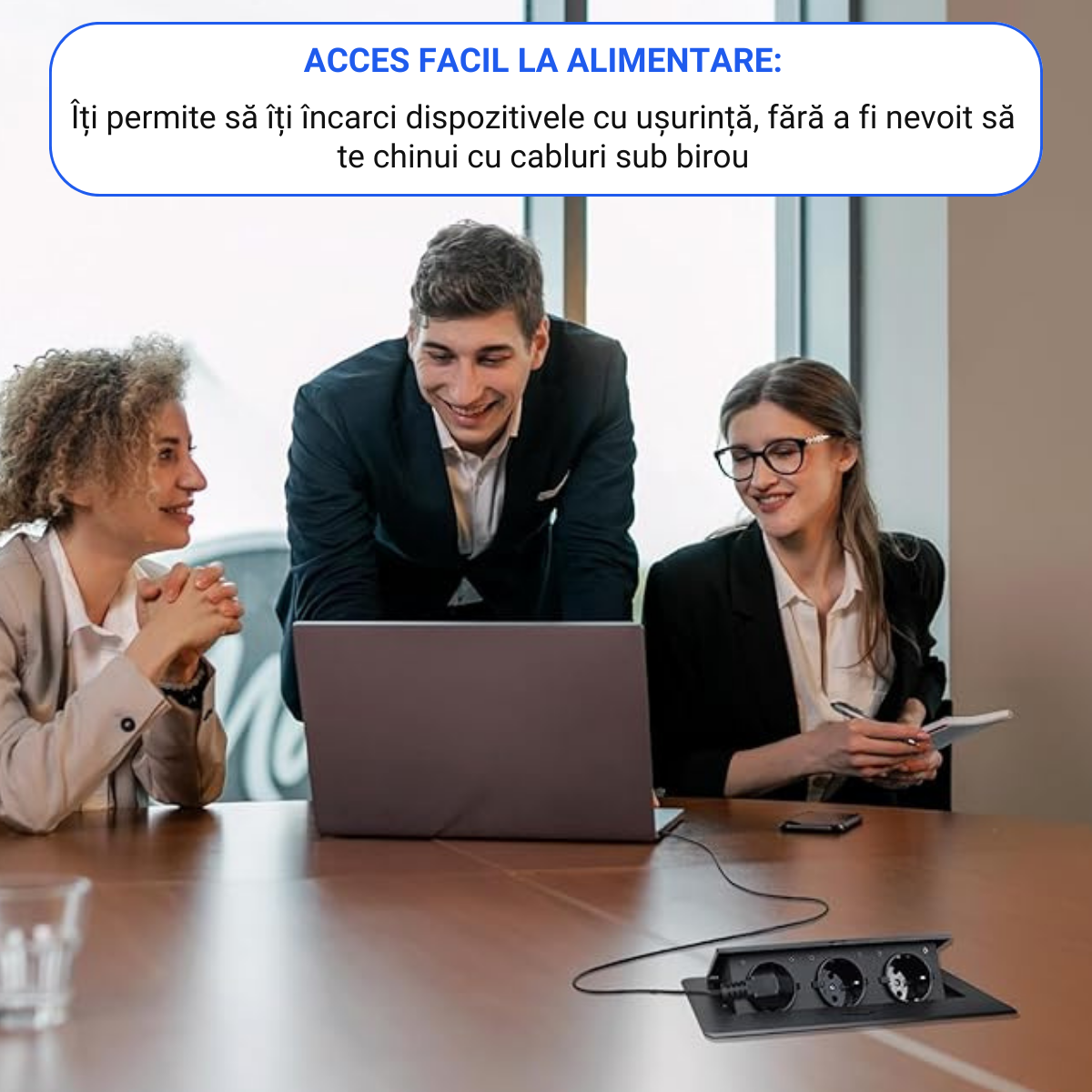 Priza Incorporabila in mobilier, ATOMKIT, 3 Prize Schuko, Conductori de cupru, Material de Aluminiu, Calitate Superioara, Cablu Alimentare 1.8 m, 26.6 cm, 11.8 cm, Negru