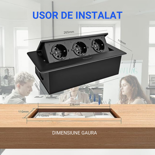 Priza Incorporabila in mobilier, ATOMKIT, 3 Prize Schuko, Conductori de cupru, Material de Aluminiu, Calitate Superioara, Cablu Alimentare 1.8 m, 26.6 cm, 11.8 cm, Negru