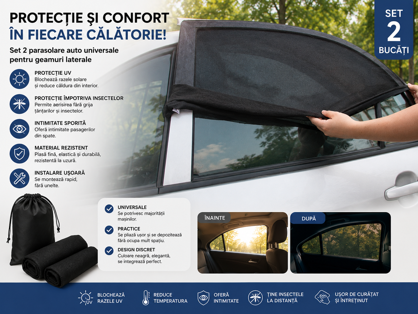 Parasolar Auto Universal Geam Spate 2 Buc, Protectie UV Copii si Bebelusi, 80x60 cm, Negru