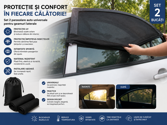 Parasolar Auto Universal Geam Spate 2 Buc, Protectie UV Copii si Bebelusi, 80x60 cm, Negru