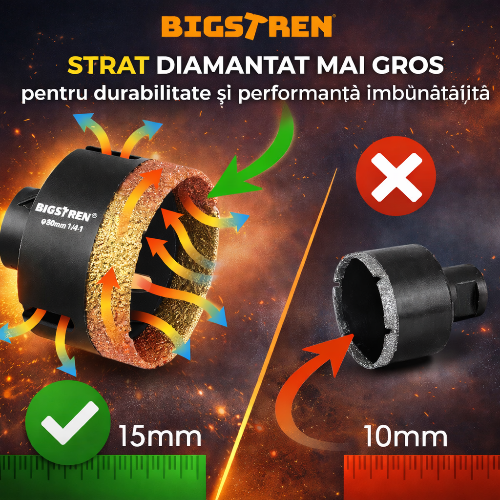 Set 7 piese, 1x adaptor pentru bormasina, 1x freza conica diamantata 2-50 mm, 5x carote diamantate 6 8 10 35 68 mm, filet M14, pentru gresie portelanata beton placi marmura granit piatra