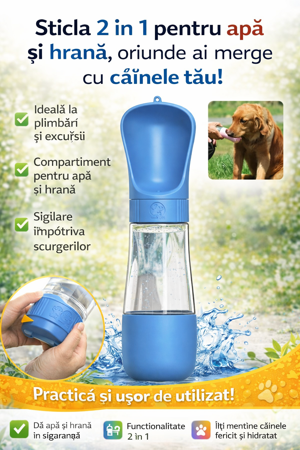 Sticla portabila 2 in 1 pentru apa si hrana, accesorii animale