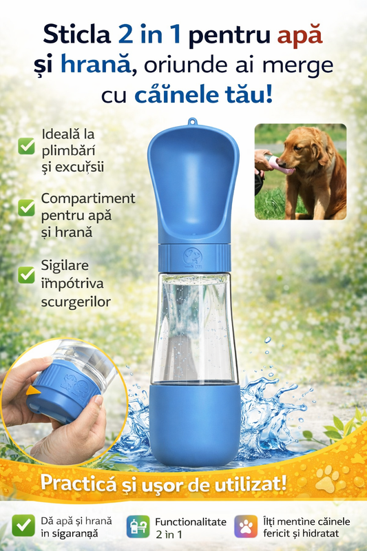Sticla portabila 2 in 1 pentru apa si hrana, accesorii animale