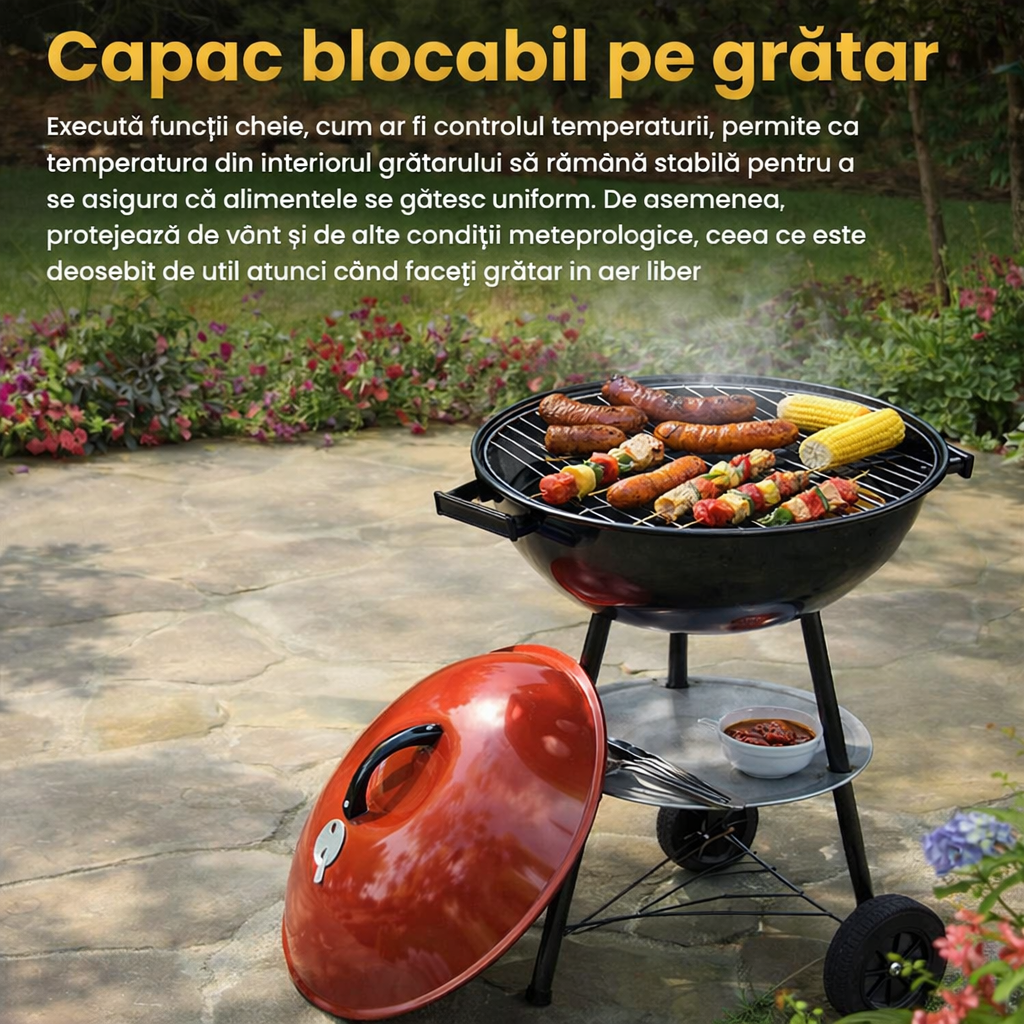Gratar carbuni cu capac si roti, 50x40 cm, aerisire reglabila, raft, otel, negru/rosu