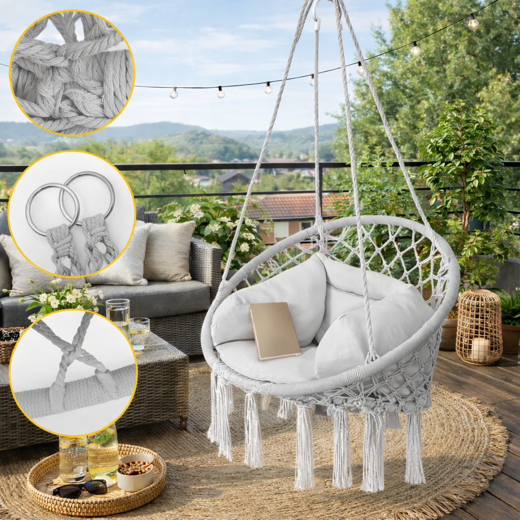 Leagan suspendat BOHO cu perna, fotoliu cu franjuri, gri 80x60x140 cm