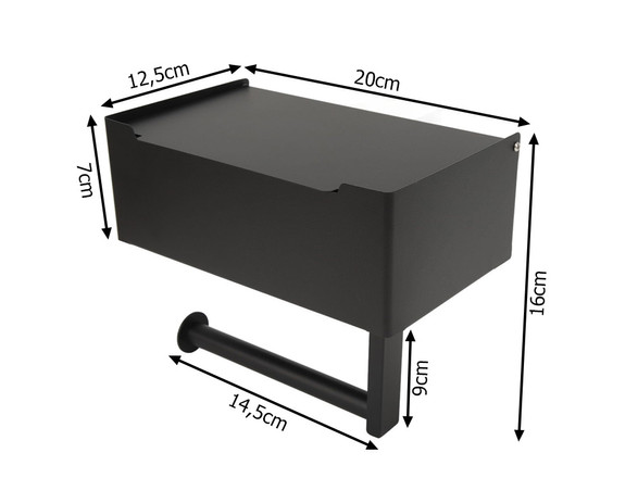 Suport Hartie Igienica NewTech 3 in 1, cu Raft si Cutie Servetele Umede, Inox, Autoadeziv, Negru