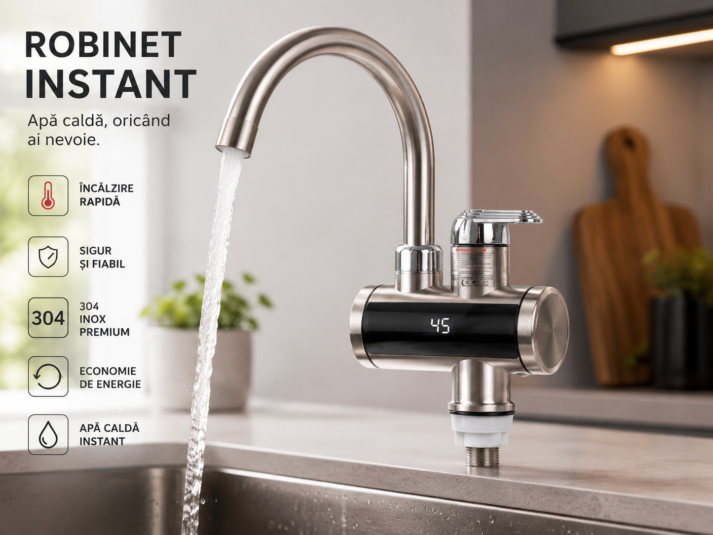 Robinet Electric Instant Apa Calda 3000W cu Afisaj LED, Inox Flexibil, IPX4, 30-60°C, Argintiu