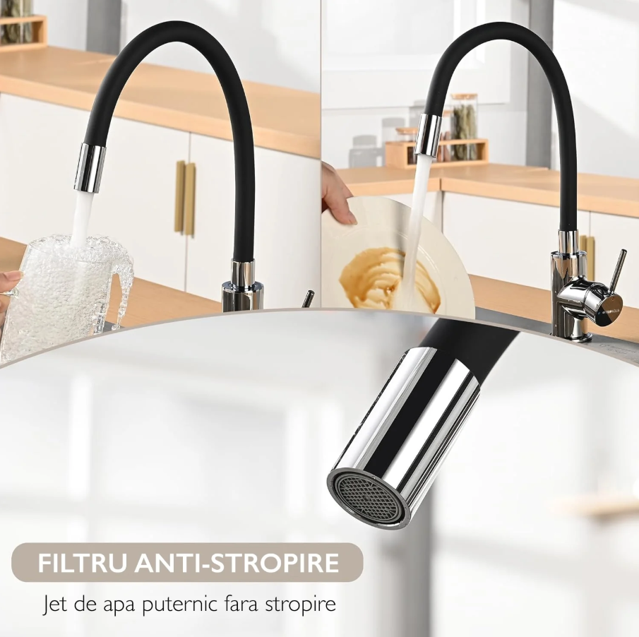 Baterie de bucatarie NewTech, flexibil 360°, aerator, negru/argintiu, 55.5 x 8 x 3 cm