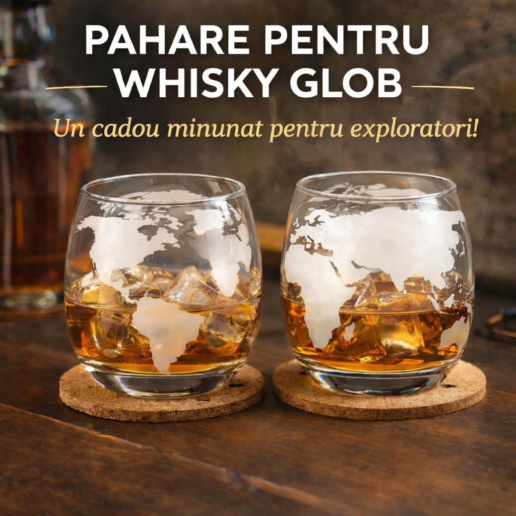 Set Decantor Whiskey Glob Pamantesc NEWTECH, 1X Carafa din Sticla 850 ml, 2X Pahare, 2X Suporturi pentru Pahare, Dop, 9 Cuburi pentru Racire cu Saculet, Cleste si Palnie, pentru Whisky, Scotch, Coniac, Bourbon, Ideal Cadou, Transparent
