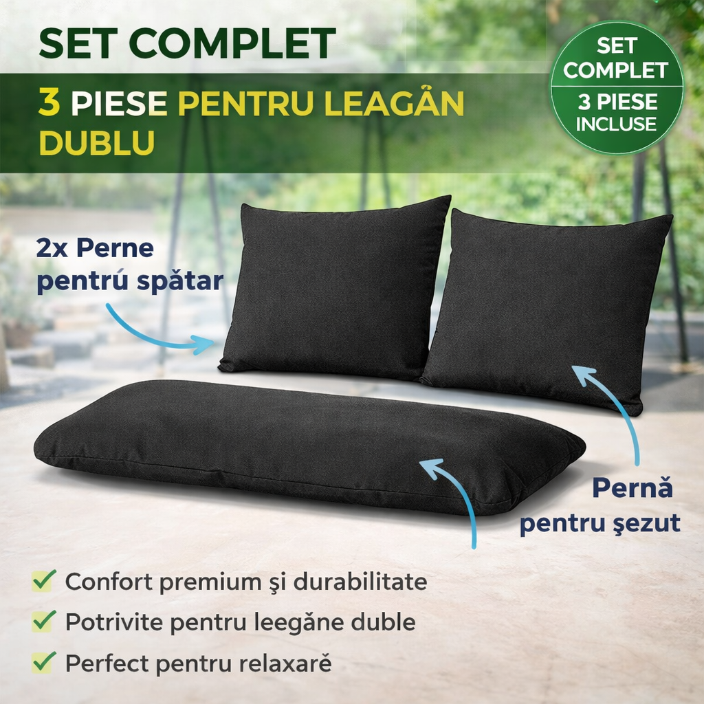 Set perne pentru leagan gradina Gardlov, 3 piese, 110x62x12 cm, negru, umplutura groasa