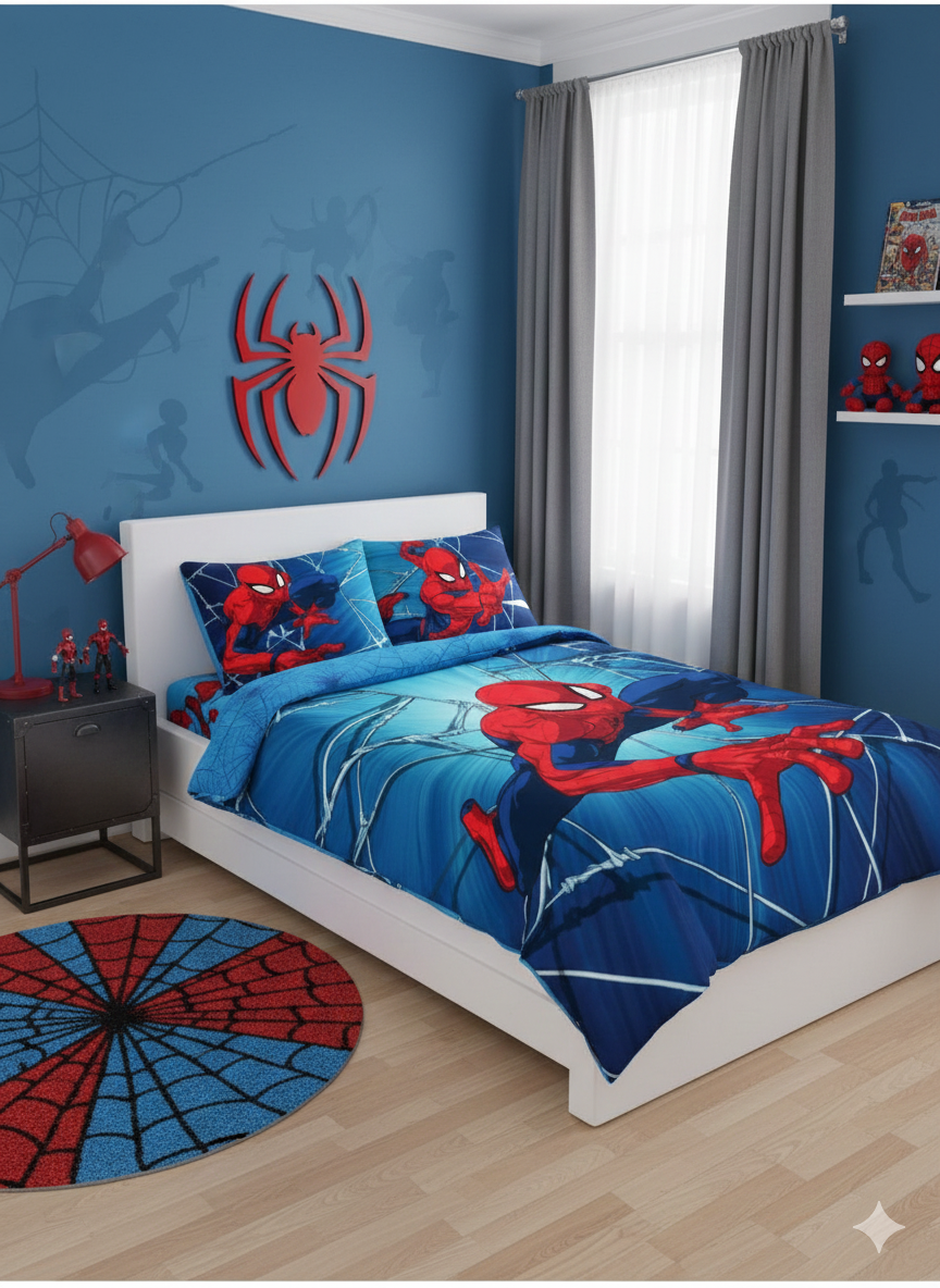 Lenjerie de pat Javoli, 1x husa pilota 100x140, 1x fete de perna 40x45, Bumbac 100%, Anti-Alergic, model Spiderman Dynamic, culoare Albastru