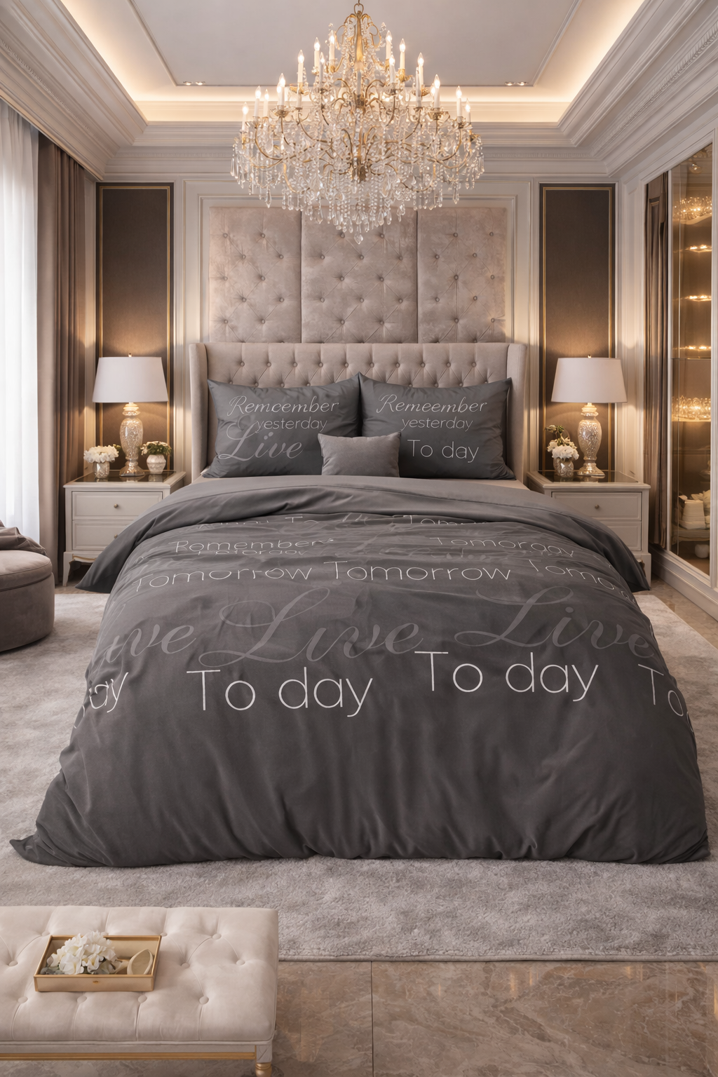 Lenjerie de pat Sleeptime, 1x husa pilota 140x200/220, 1x fete de perna 60x70, Bumbac si Poliester, Hipoalergenica,150 GSM, model Elegance Live Today Anthracit, imprimeu Print Digital, culoare Negru