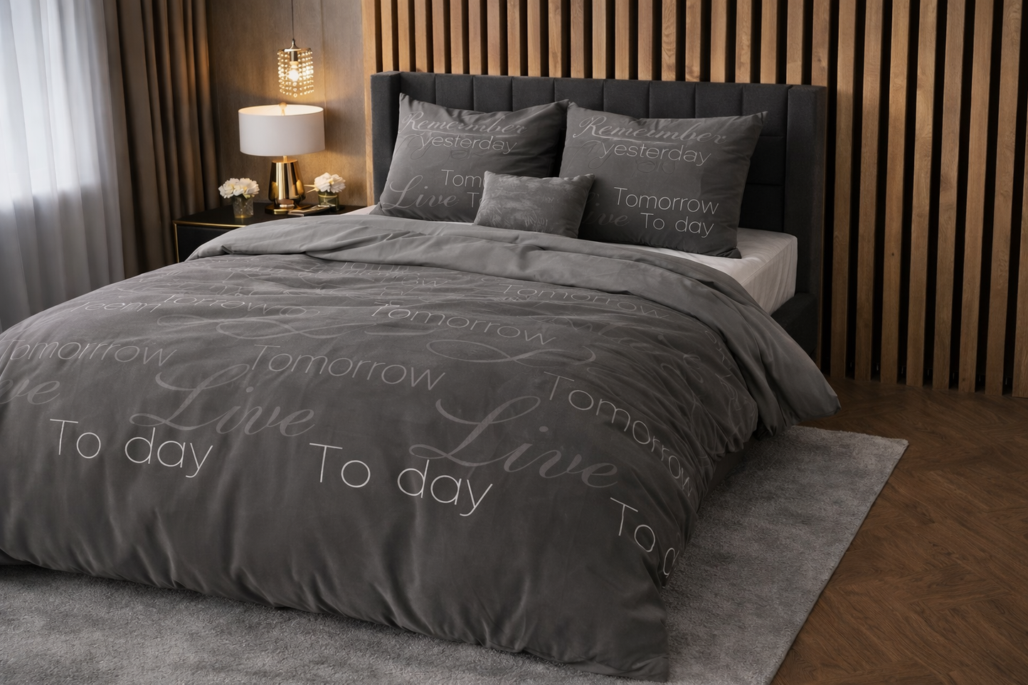 Lenjerie de pat Sleeptime, 1x husa pilota 140x200/220, 1x fete de perna 60x70, Bumbac si Poliester, Hipoalergenica,150 GSM, model Elegance Live Today Anthracit, imprimeu Print Digital, culoare Negru