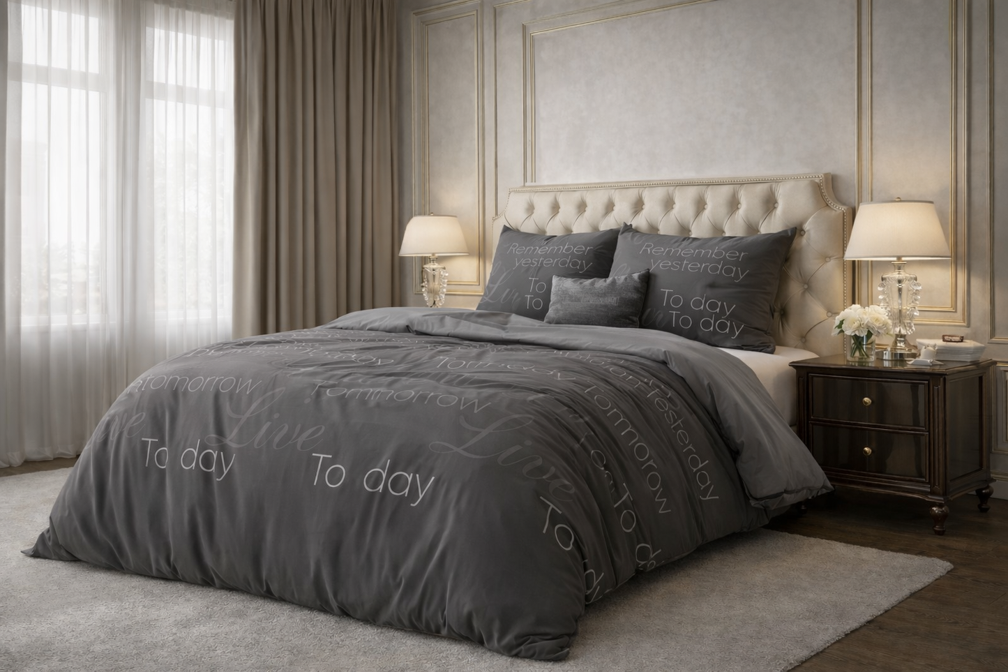 Lenjerie de pat Sleeptime, 1x husa pilota 140x200/220, 1x fete de perna 60x70, Bumbac si Poliester, Hipoalergenica,150 GSM, model Elegance Live Today Anthracit, imprimeu Print Digital, culoare Negru