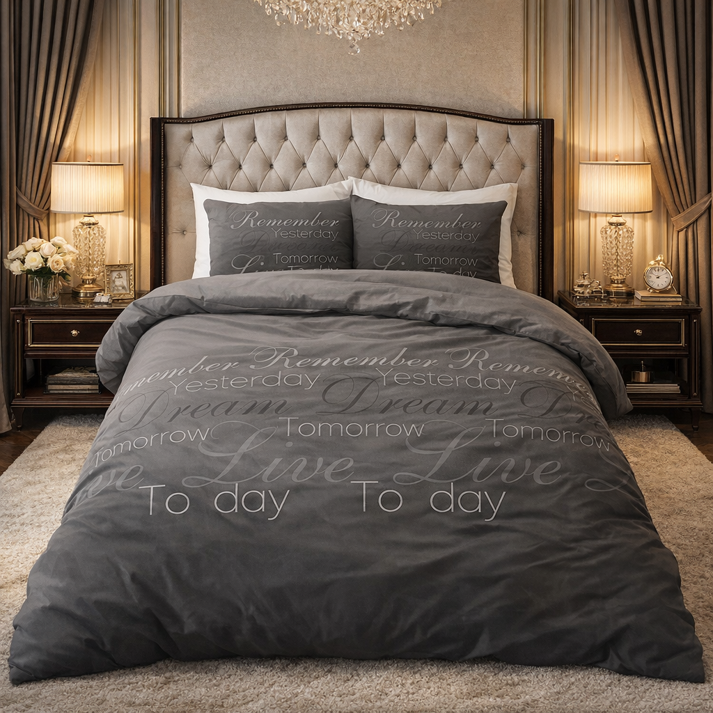 Lenjerie de pat Sleeptime, 1x husa pilota 140x200/220, 1x fete de perna 60x70, Bumbac si Poliester, Hipoalergenica,150 GSM, model Elegance Live Today Anthracit, imprimeu Print Digital, culoare Negru