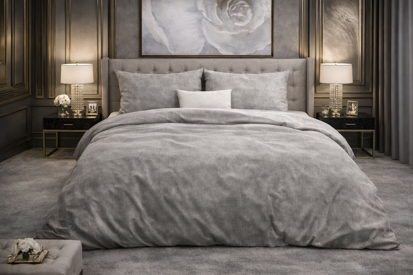 Lenjerie de pat Sleeptime, 1x husa pilota 140x200/220, 1x fete de perna 60x70, Bumbac si Poliester, Hipoalergenica, 150 GSM, model Washed Bumbac Gray, imprimeu Print Digital, culoare Gri