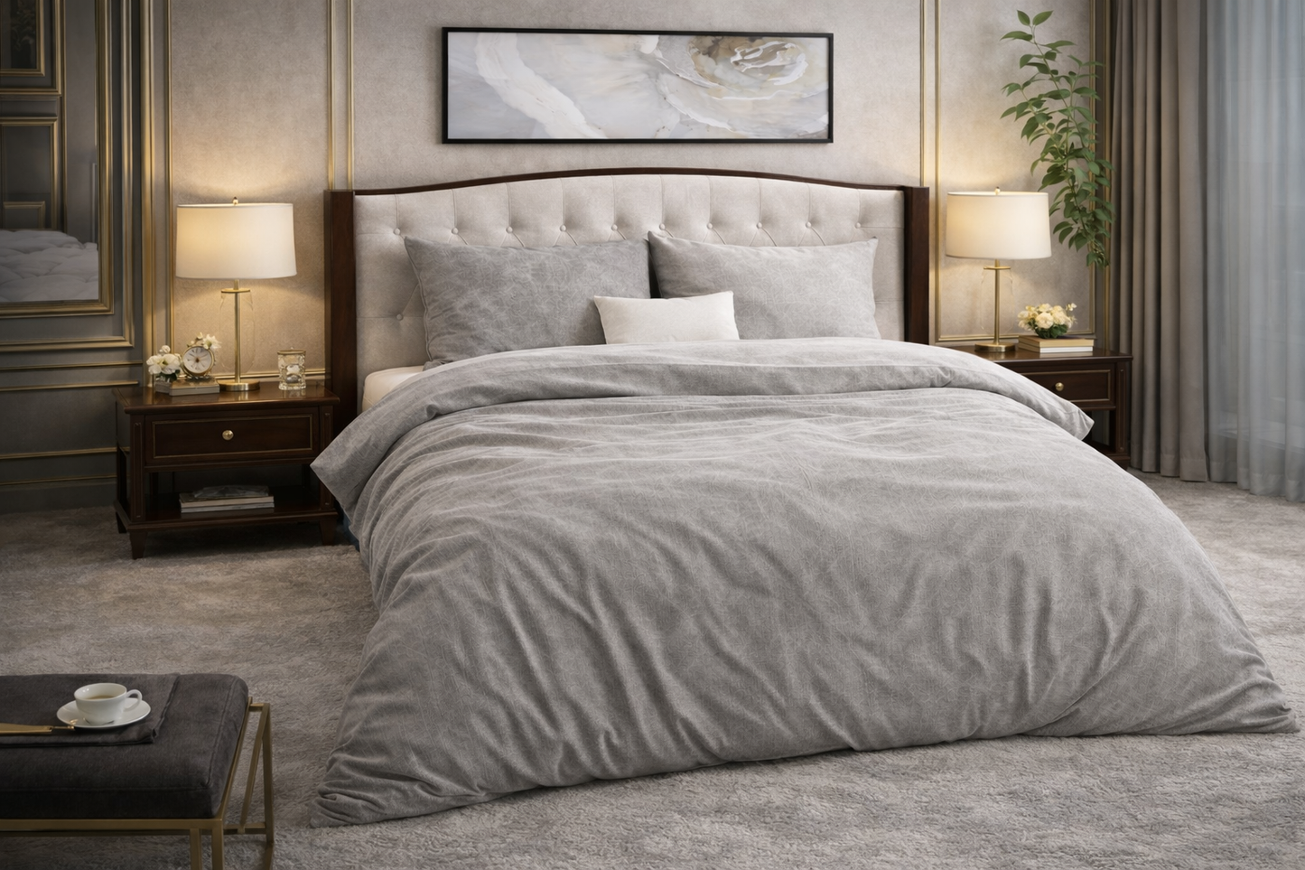 Lenjerie de pat Sleeptime, 1x husa pilota 140x200/220, 1x fete de perna 60x70, Bumbac si Poliester, Hipoalergenica, 150 GSM, model Washed Bumbac Gray, imprimeu Print Digital, culoare Gri