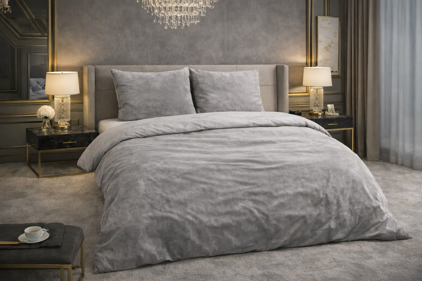 Lenjerie de pat Sleeptime, 1x husa pilota 140x200/220, 1x fete de perna 60x70, Bumbac si Poliester, Hipoalergenica, 150 GSM, model Washed Bumbac Gray, imprimeu Print Digital, culoare Gri