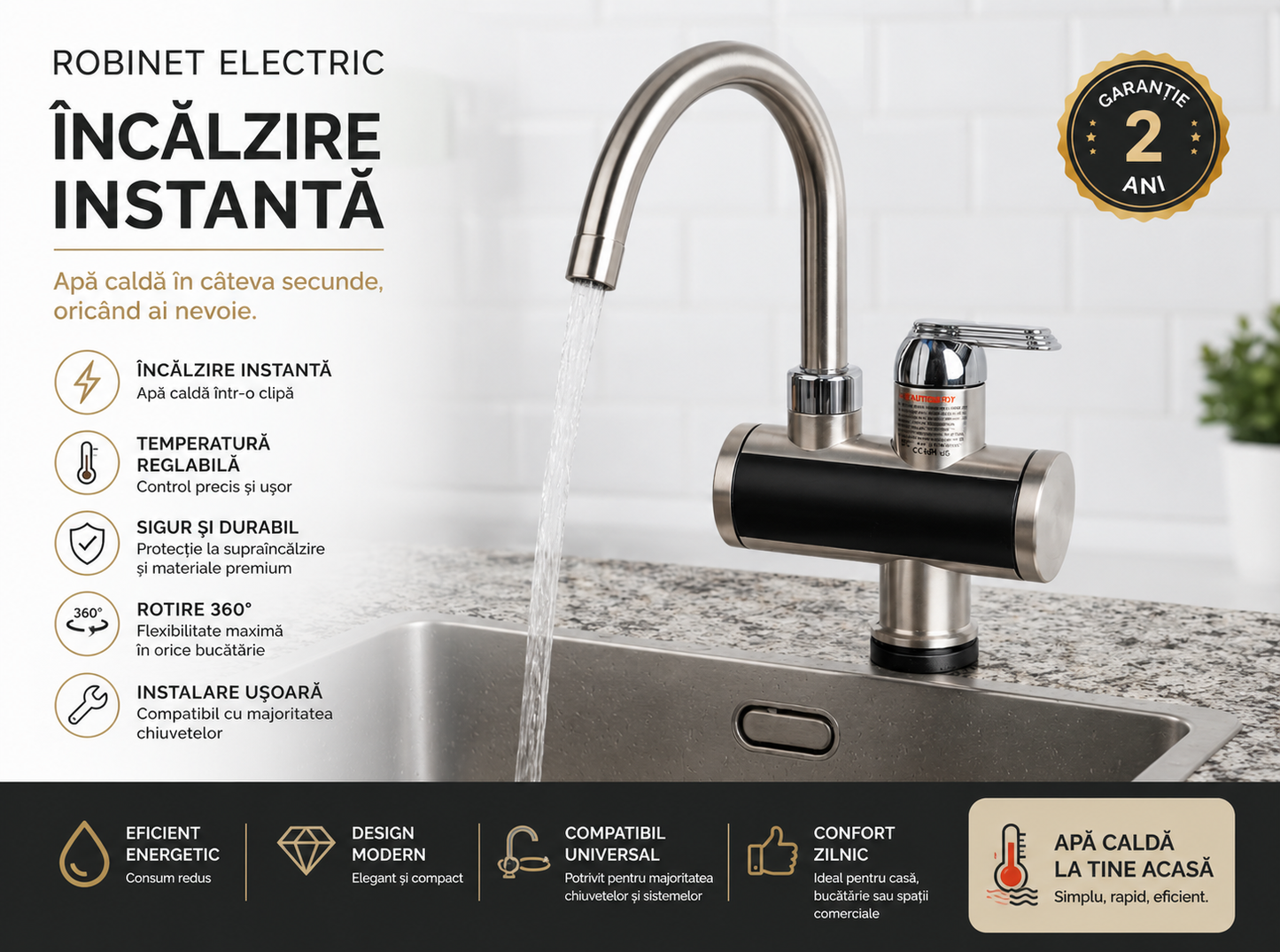 Robinet Electric Instant Apa Calda 3000W cu Afisaj LED, Inox Flexibil, IPX4, 30-60°C, Argintiu