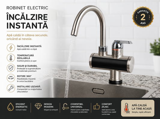 Robinet Electric Instant Apa Calda 3000W cu Afisaj LED, Inox Flexibil, IPX4, 30-60°C, Argintiu