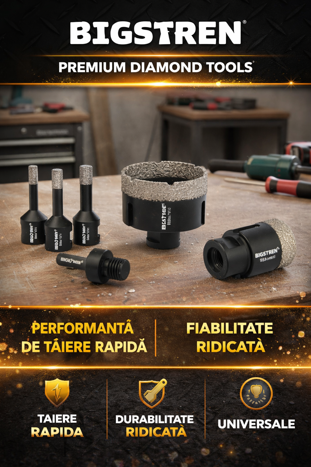 Set de 6 carote cu diamant, Otel, diametre de 6/8/10/12/35/68 mm, M14, cu ghidaj pentru burghiu, pentru gresie, piatra, granit, ceramica, Negru