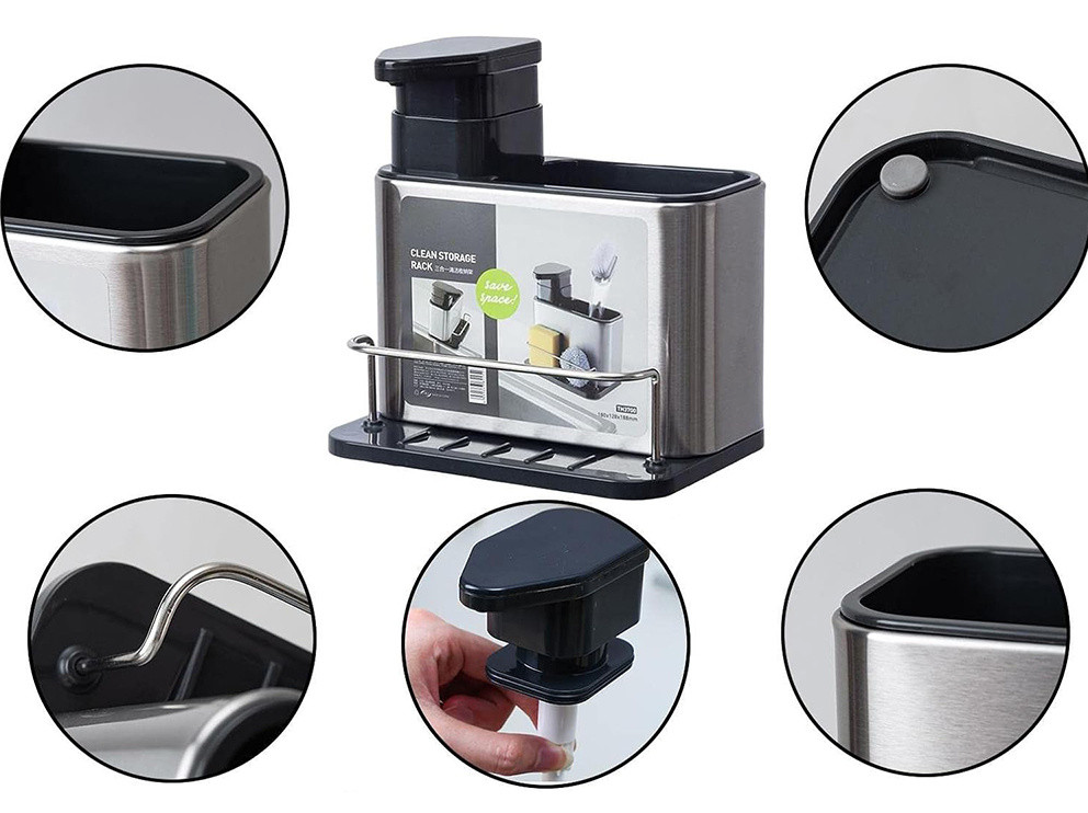 Organizator Bucatarie NewTech cu Dispenser Detergent, Suport Burete, 2 Compartimente, Argintiu Negru
