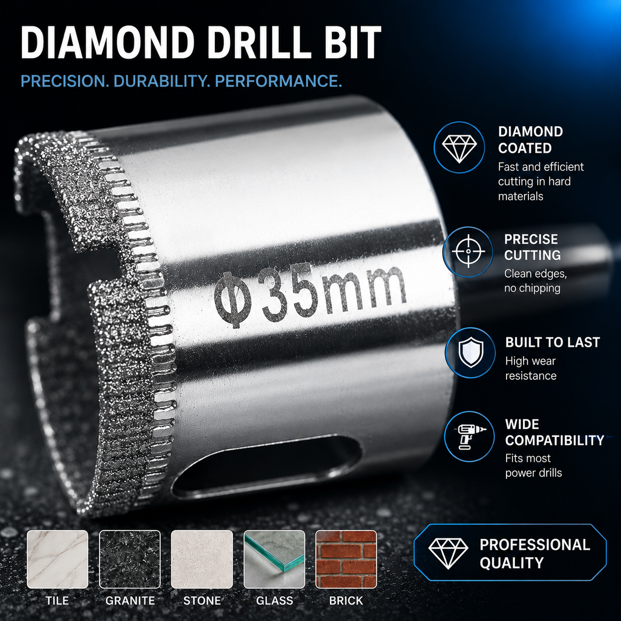 Set 10 carote diamantate 6-68 mm pentru gresie, faianta, sticla si portelan, gri
