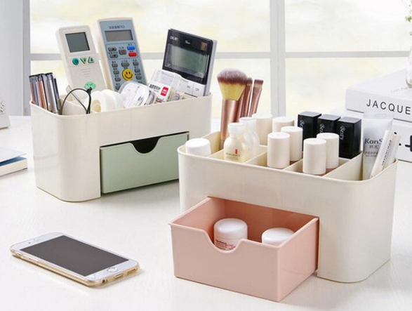 Organizator Cosmetice si Bijuterii NewTech, cu Sertar, Suport Machiaj si Skincare, Plastic, Roz