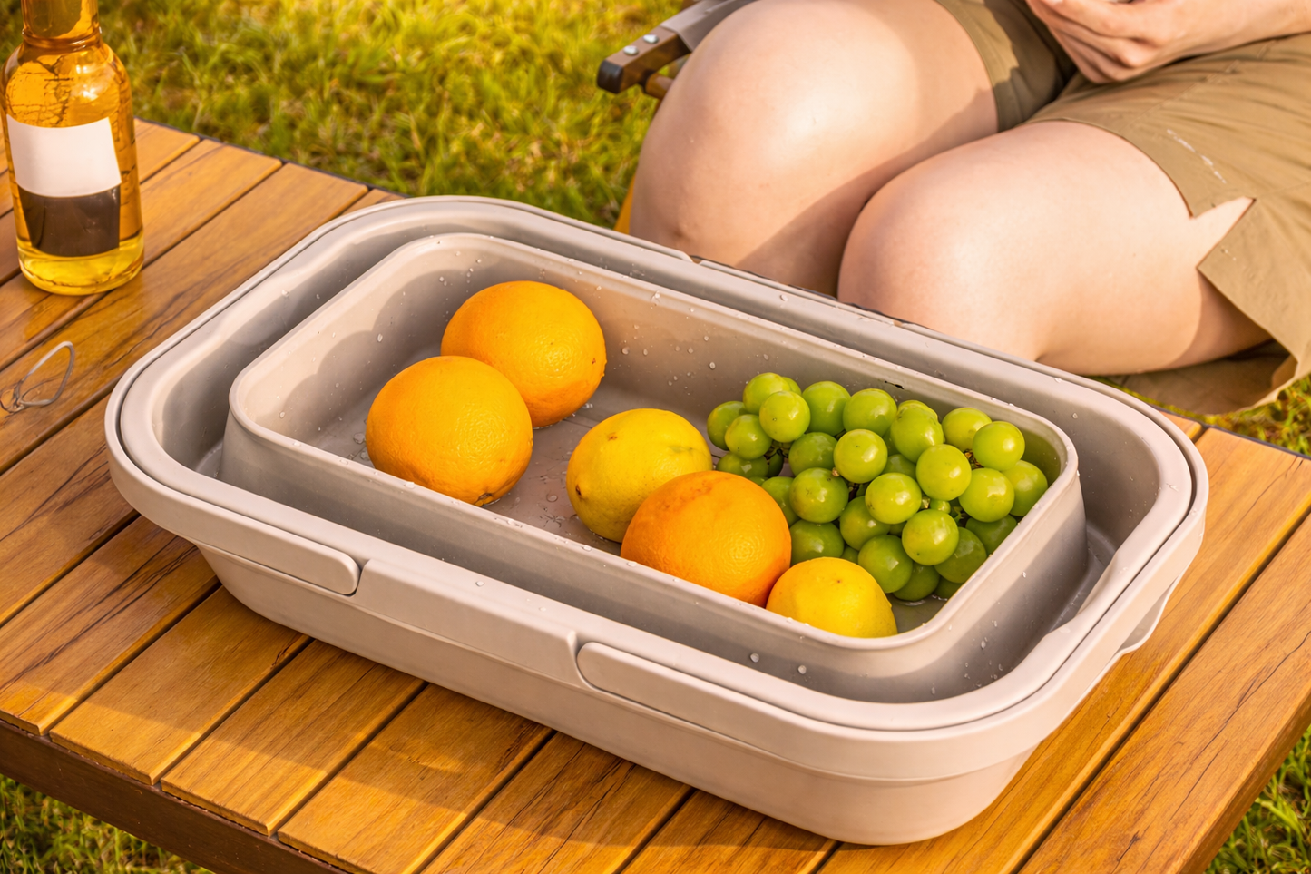 Cos picnic pliabil 3 in 1, 2 persoane, masa cu capac, portabil, recipient 15L, 47x30x10cm