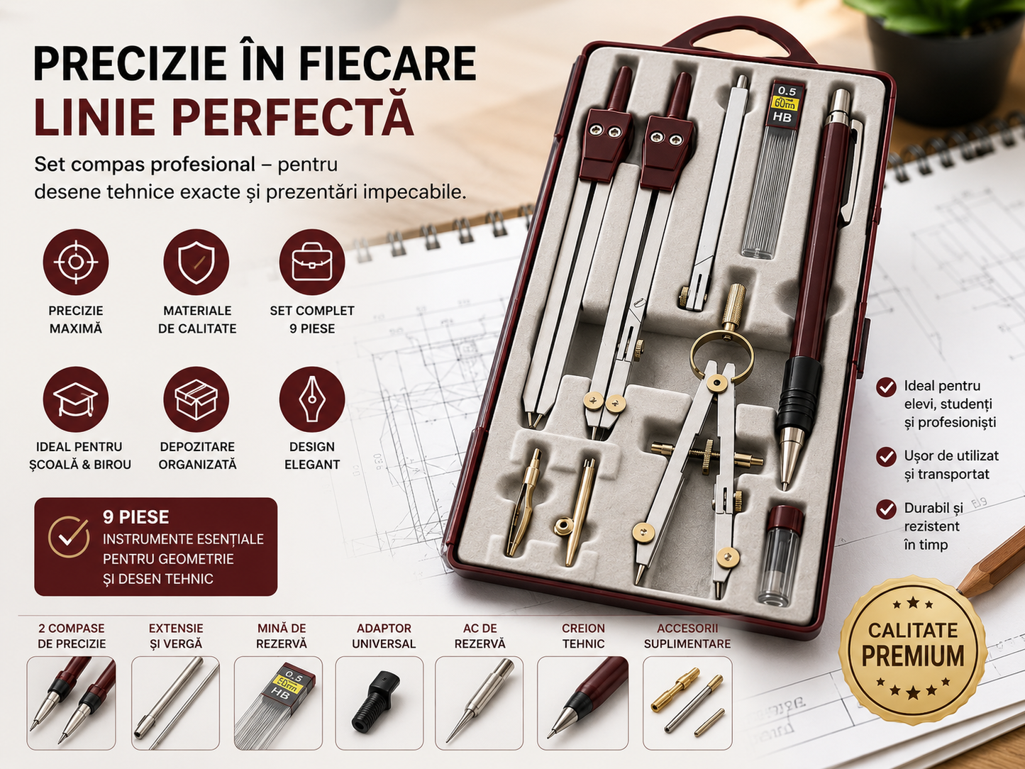 Set Geometrie 9 Piese cu Compas, Creion Mecanic si Cutie, pentru Scoala, Mov