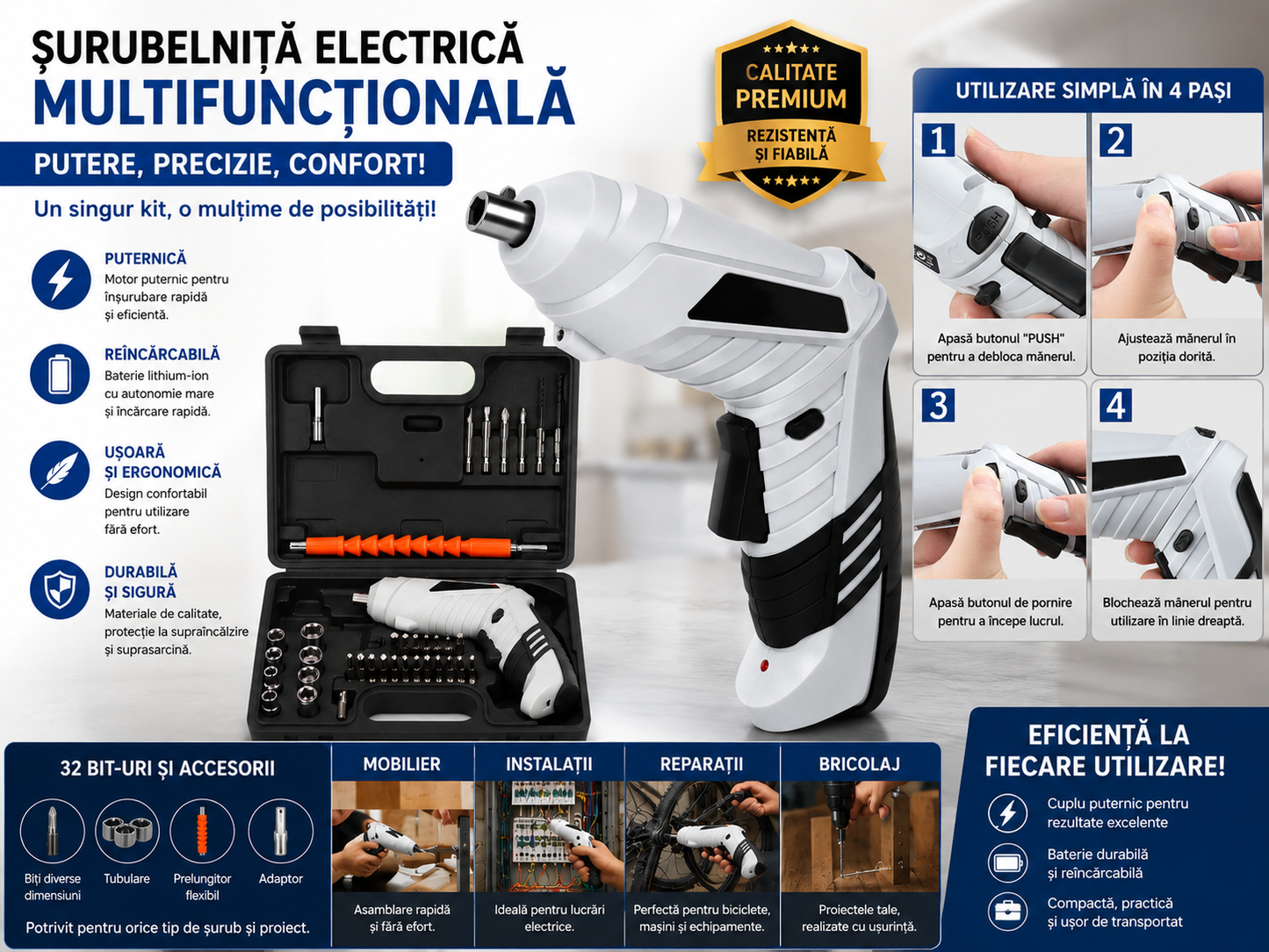 Surubelnita Electrica cu Acumulator 1300 mAh, 47 Accesorii, 5 Nm, LED, Valiza Transport