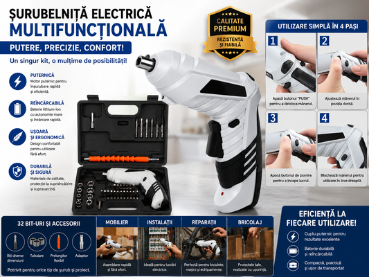 Surubelnita Electrica cu Acumulator 1300 mAh, 47 Accesorii, 5 Nm, LED, Valiza Transport