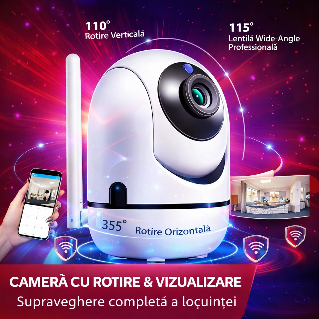 Baby monitor Wifi 2 in 1 Multi View Nighit Vision, Aplicatie Telefon, HD Rotativa 355°, Monitorizare Video / Audio Bebelusi, Vedere Nocturna Color, Senzor si Alarma Miscare, Sunet Bidirectional