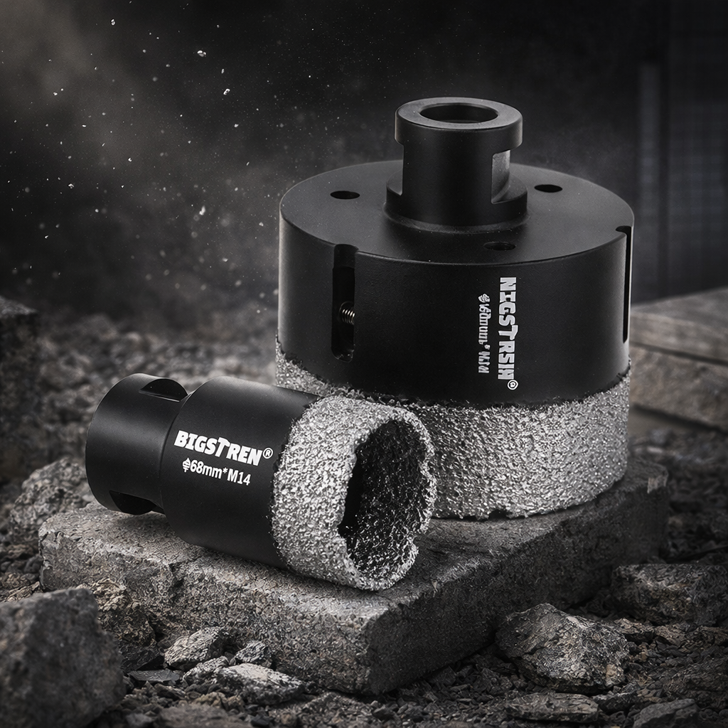 Set 7 piese, 1x adaptor pentru bormasina, 1x freza conica diamantata 2-50 mm, 5x carote diamantate 6 8 10 35 68 mm, filet M14, pentru gresie portelanata beton placi marmura granit piatra