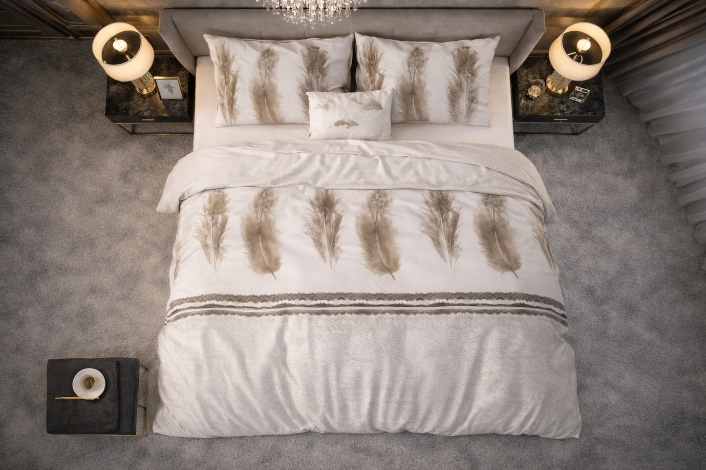 Lenjerie de pat Sleeptime, 1x husa pilota 200x200/220, 2x fete de perna 60x70, Bumbac si Poliester, Hipoalergenica, model Elegance Feathers Gray, culoare Maro