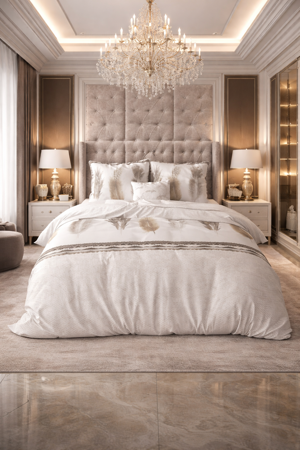 Lenjerie de pat Sleeptime, 1x husa pilota 200x200/220, 2x fete de perna 60x70, Bumbac si Poliester, Hipoalergenica, model Elegance Feathers Gray, culoare Maro