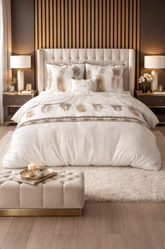 Lenjerie de pat Sleeptime, 1x husa pilota 200x200/220, 2x fete de perna 60x70, Bumbac si Poliester, Hipoalergenica, model Elegance Feathers Gray, culoare Maro