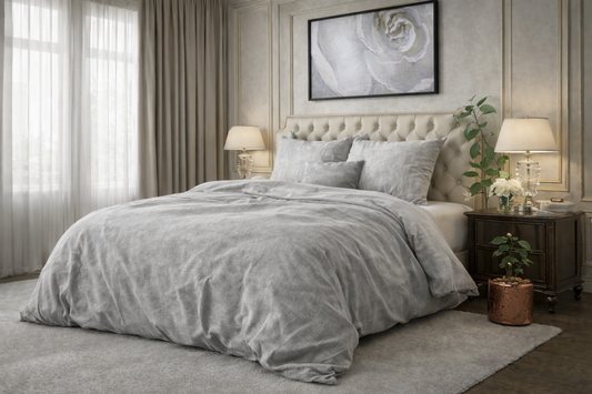 Lenjerie de pat Sleeptime, 1x husa pilota 140x200/220, 1x fete de perna 60x70, Bumbac si Poliester, Hipoalergenica, 150 GSM, model Washed Bumbac Gray, imprimeu Print Digital, culoare Gri