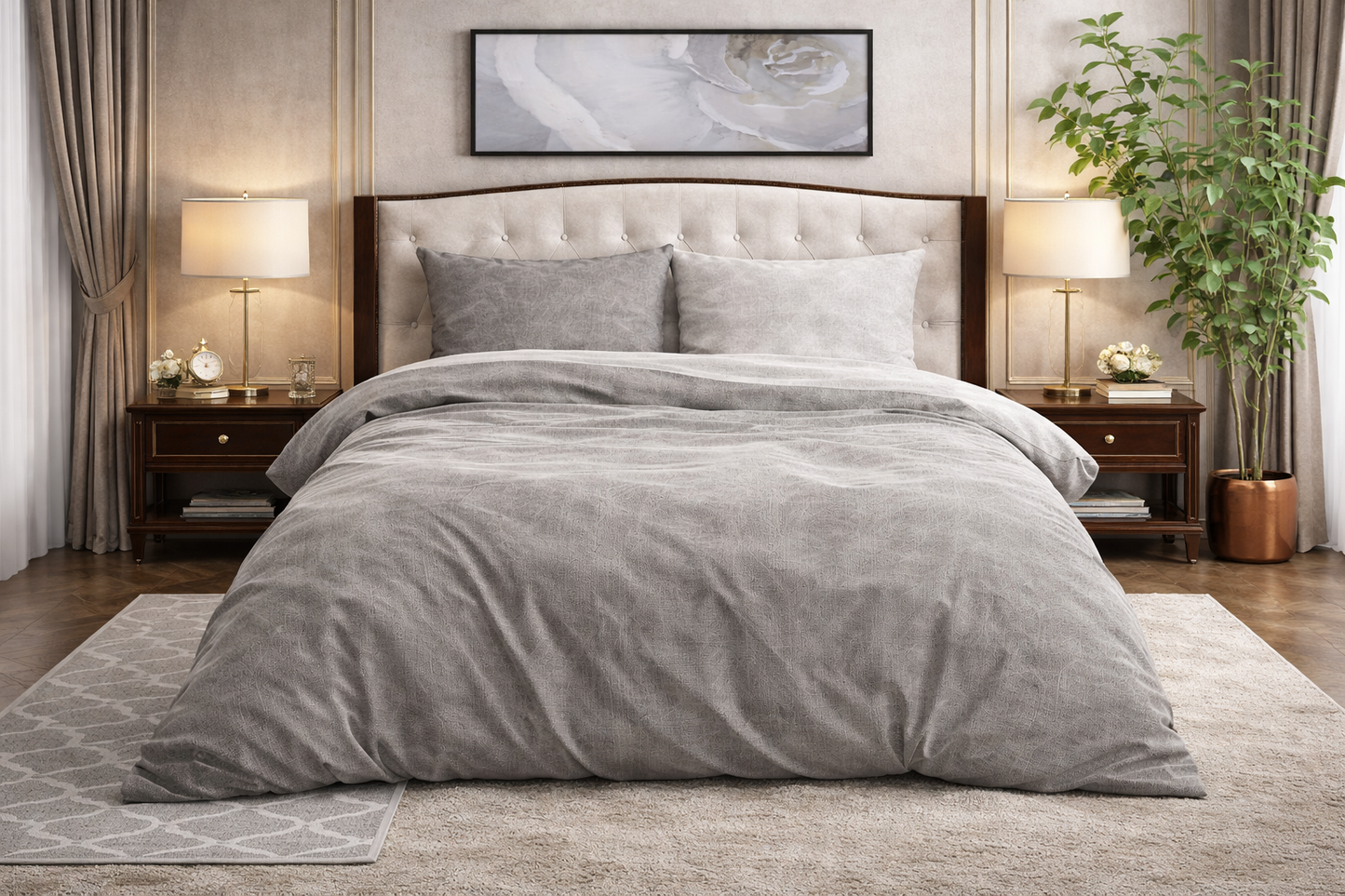 Lenjerie de pat Sleeptime, 1x husa pilota 140x200/220, 1x fete de perna 60x70, Bumbac si Poliester, Hipoalergenica, 150 GSM, model Washed Bumbac Gray, imprimeu Print Digital, culoare Gri